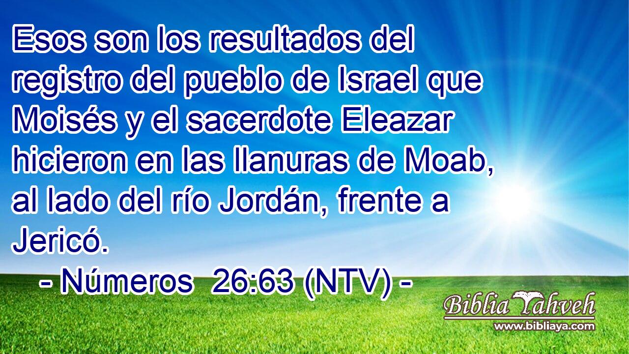 Esos son los resultados del registro del pueblo de Israel que Moisés y el sacerdote Eleazar hicieron en las llanuras de Moab, al lado del río Jordán, frente a Jericó.