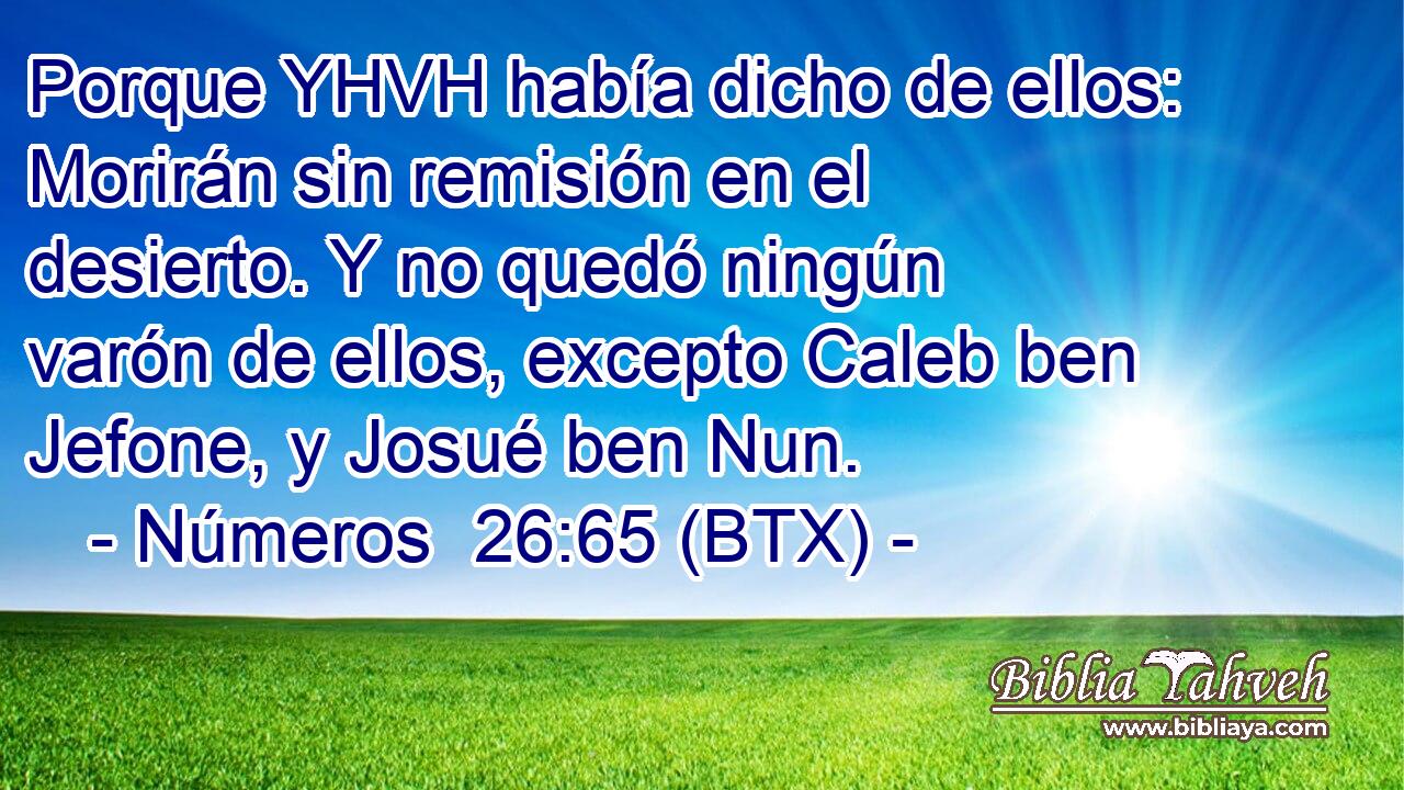 Porque YHVH había dicho de ellos: Morirán sin remisión en el desierto. Y no quedó ningún varón de ellos, excepto Caleb ben Jefone, y Josué ben Nun.