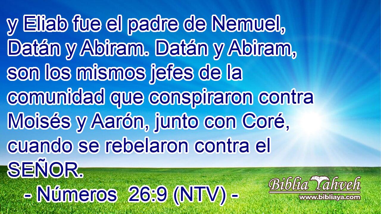 y Eliab fue el padre de Nemuel, Datán y Abiram. Datán y Abiram, son los mismos jefes de la comunidad que conspiraron contra Moisés y Aarón, junto con Coré, cuando se rebelaron contra el SEÑOR.