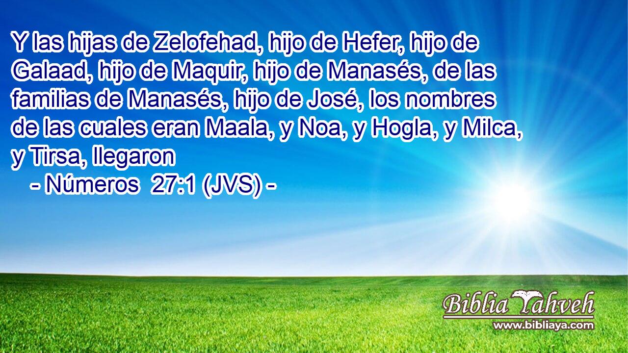 Y las hijas de Zelofehad, hijo de Hefer, hijo de Galaad, hijo de Maquir, hijo de Manasés, de las familias de Manasés, hijo de José, los nombres de las cuales eran Maala, y Noa, y Hogla, y Milca, y Tirsa, llegaron