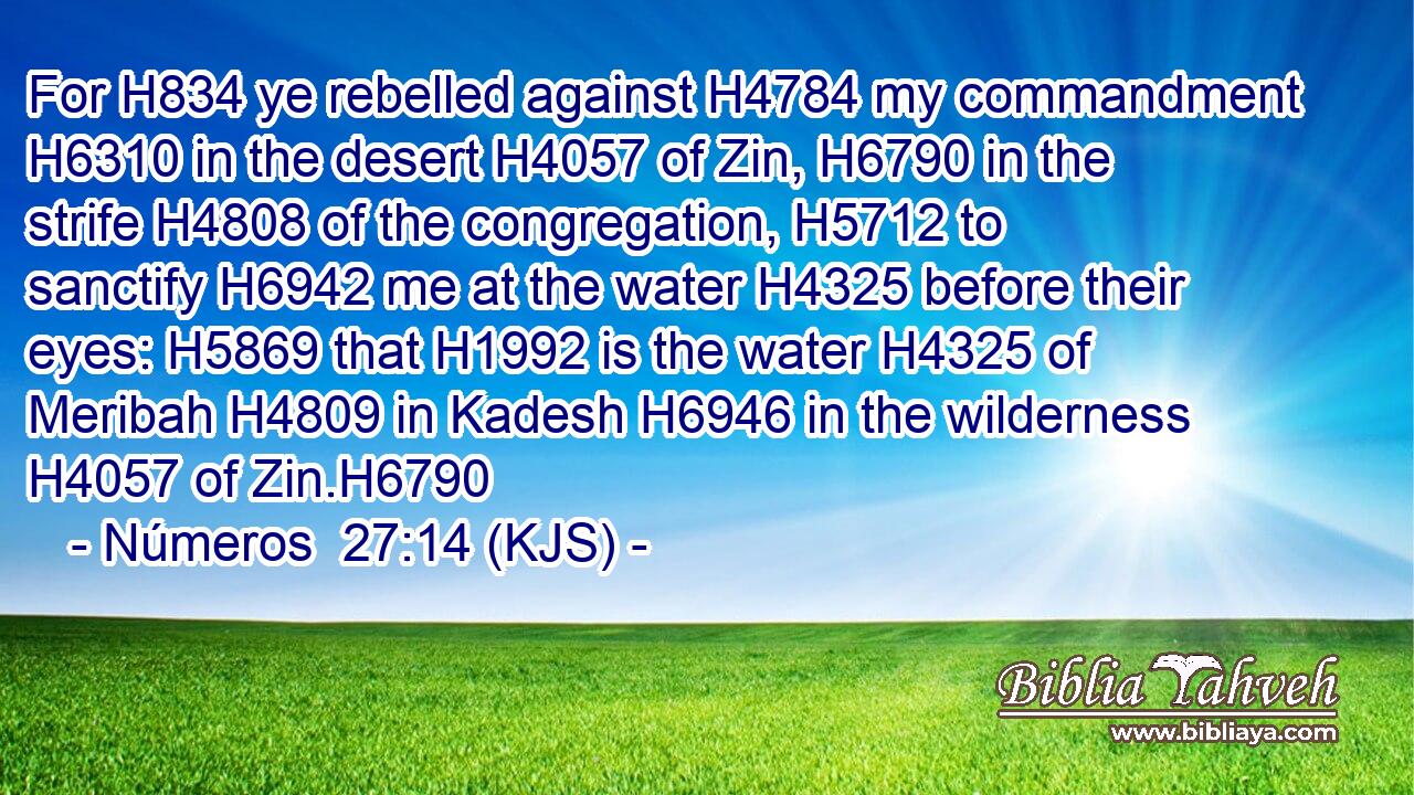 For H834 ye rebelled against H4784 my commandment H6310 in the desert H4057 of Zin, H6790 in the strife H4808 of the congregation, H5712 to sanctify H6942 me at the water H4325 before their eyes: H5869 that H1992 is the water H4325 of Meribah H4809 in Kadesh H6946 in the wilderness H4057 of Zin.H6790