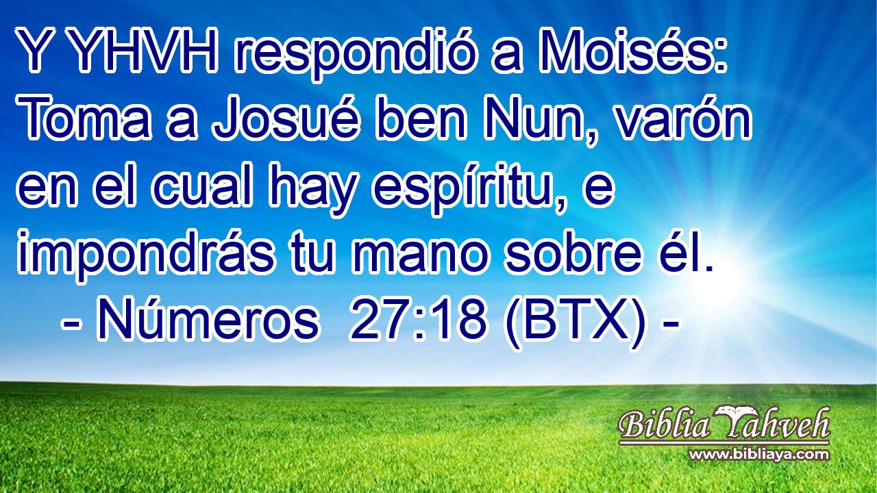 Y YHVH respondió a Moisés: Toma a Josué ben Nun, varón en el cual hay espíritu, e impondrás tu mano sobre él.