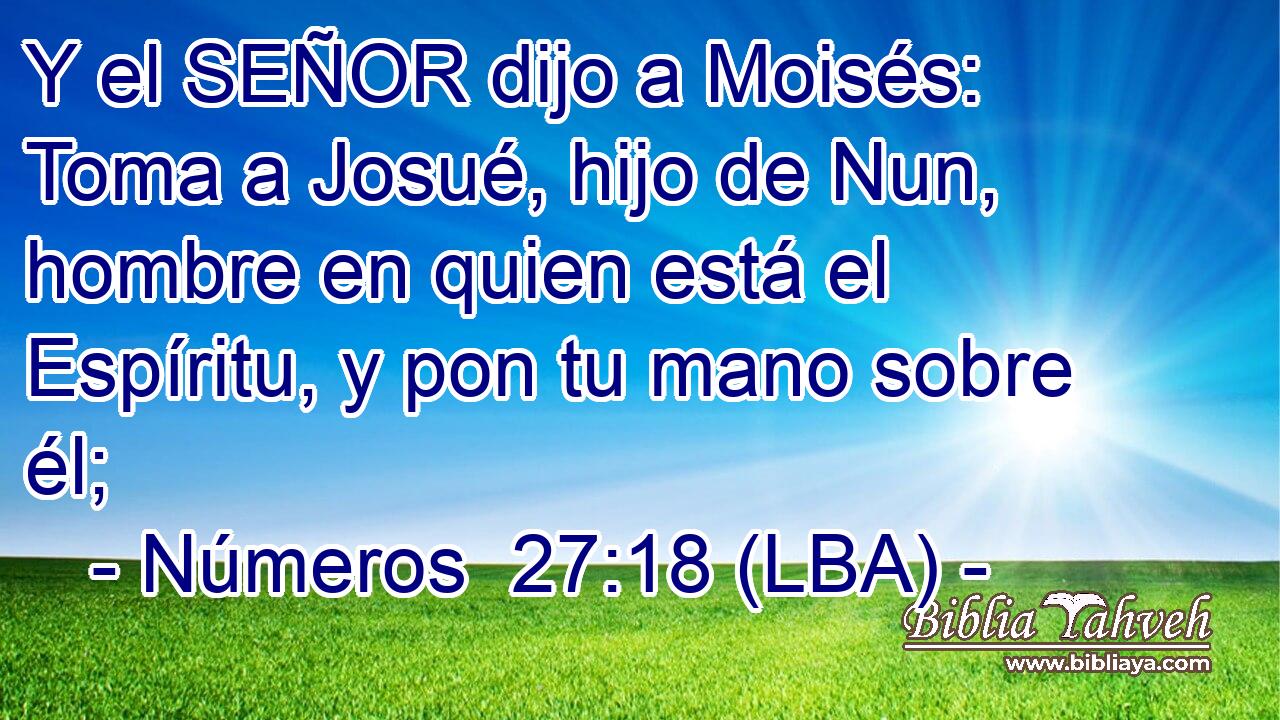 Y el SEÑOR dijo a Moisés: Toma a Josué, hijo de Nun, hombre en quien está el Espíritu, y pon tu mano sobre él;