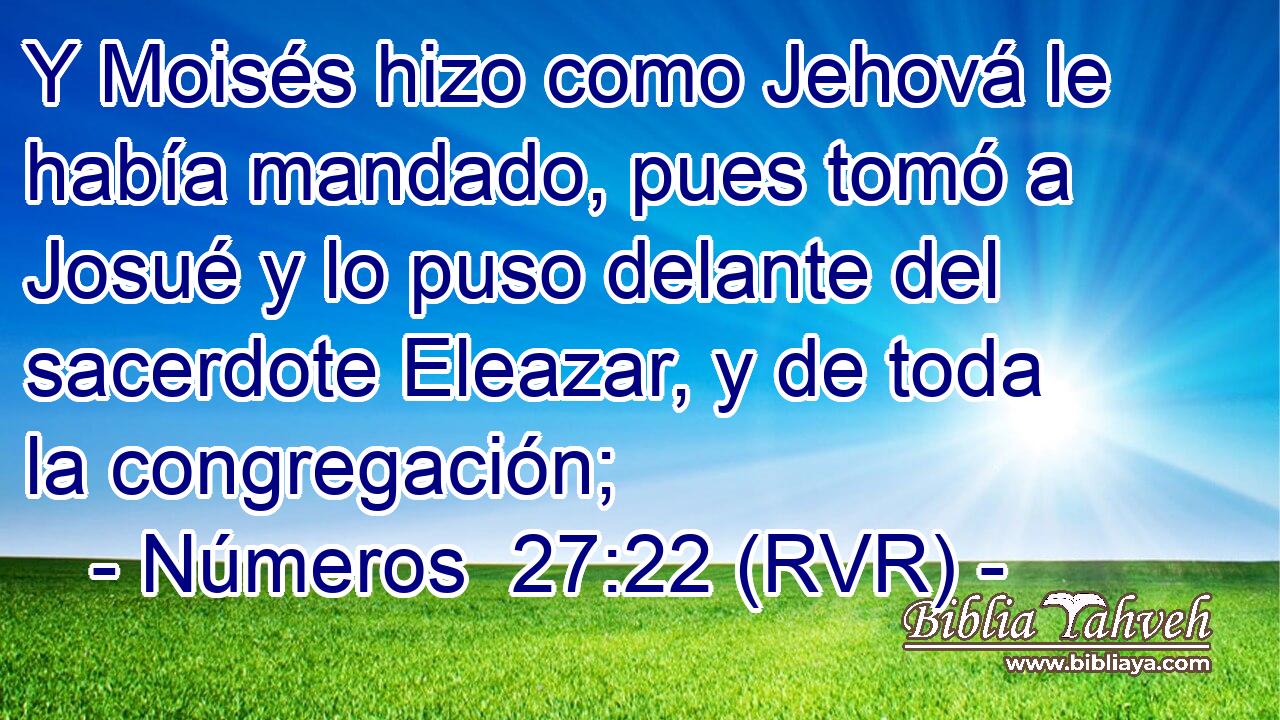 Y Moisés hizo como Jehová le había mandado, pues tomó a Josué y lo puso delante del sacerdote Eleazar, y de toda la congregación;