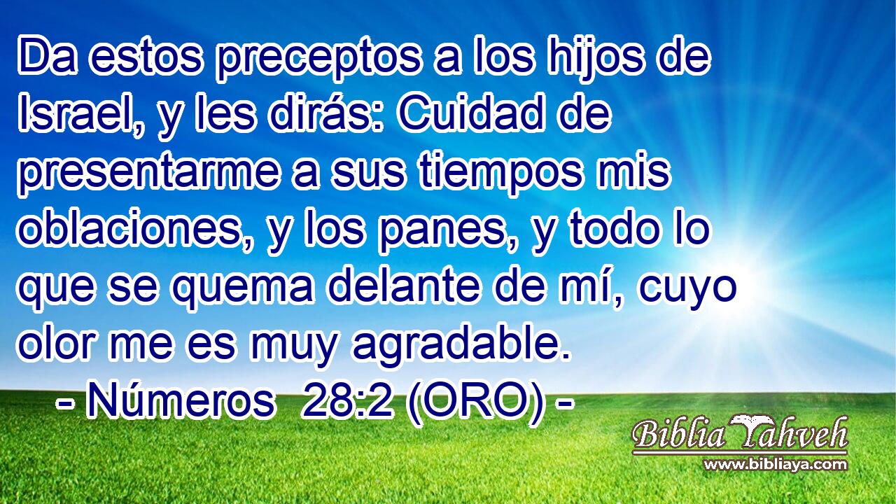  Da estos preceptos a los hijos de Israel, y les dirás: Cuidad de presentarme a sus tiempos mis oblaciones, y los panes, y todo lo que se quema delante de mí, cuyo olor me es muy agradable. 