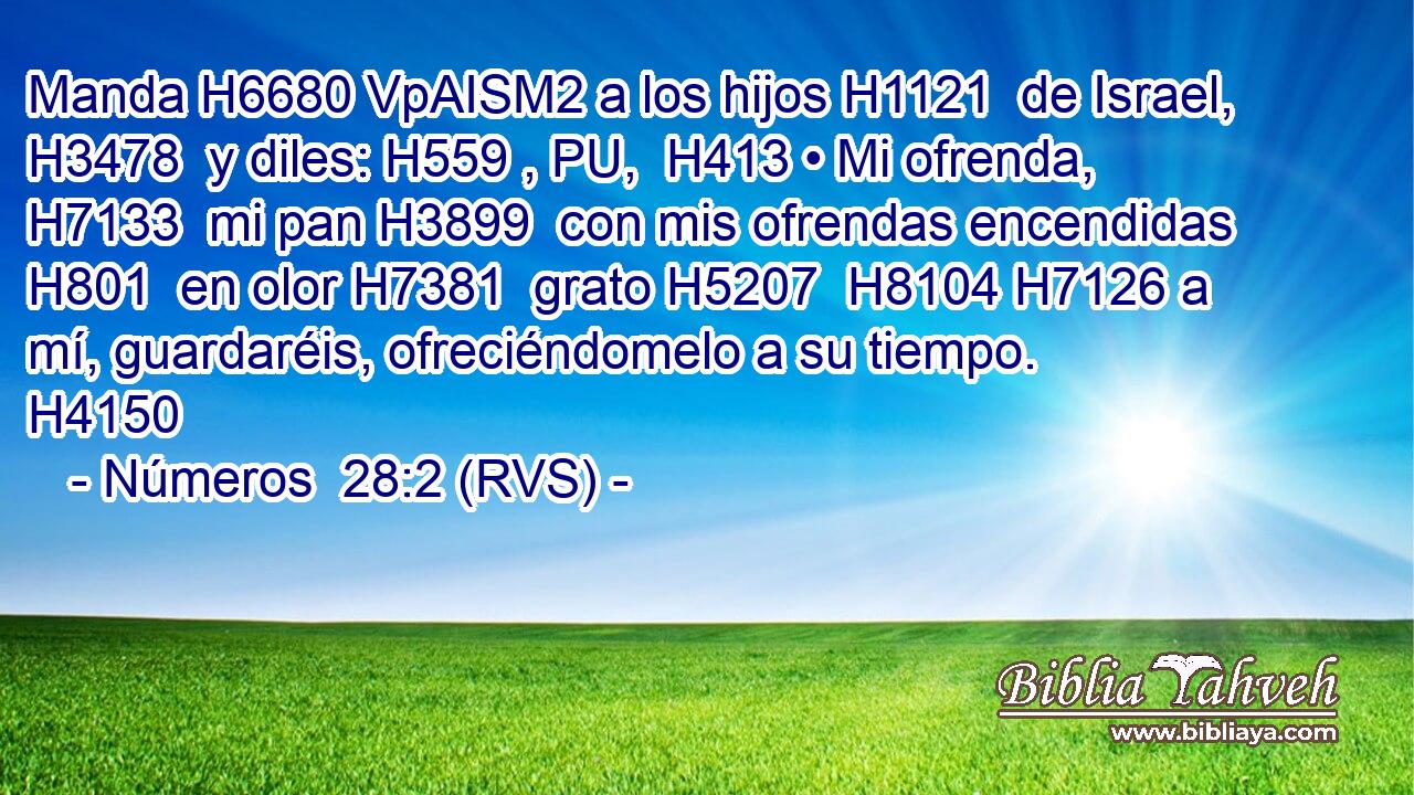 Manda H6680 VpAISM2 a los hijos H1121  de Israel, H3478  y diles: H559 , PU,  H413 • Mi ofrenda, H7133  mi pan H3899  con mis ofrendas encendidas H801  en olor H7381  grato H5207  H8104 H7126 a mí, guardaréis, ofreciéndomelo a su tiempo. H4150  