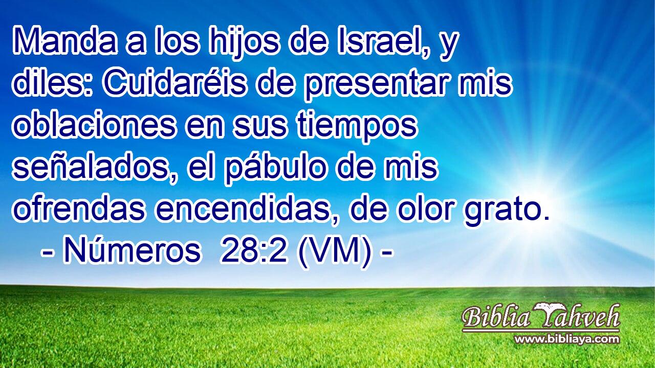  Manda a los hijos de Israel, y diles: Cuidaréis de presentar mis oblaciones en sus tiempos señalados, el pábulo de mis ofrendas encendidas, de olor grato. 