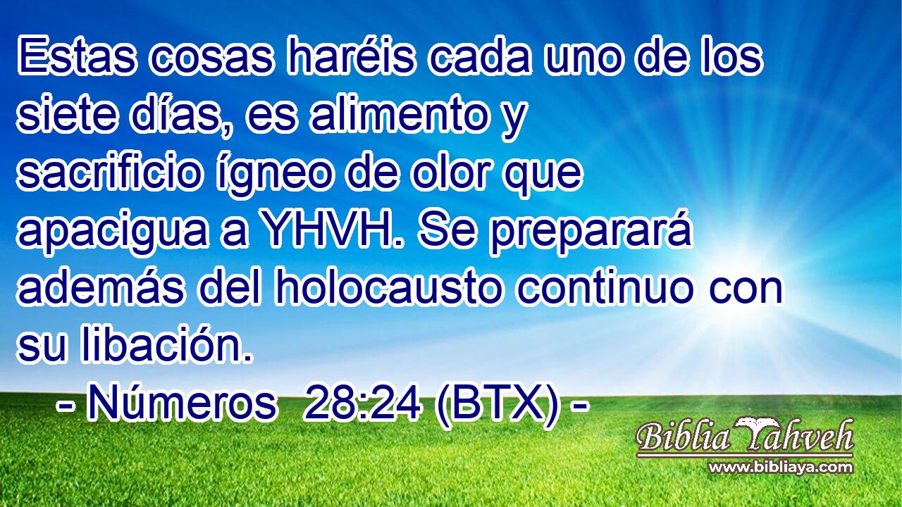 Estas cosas haréis cada uno de los siete días, es alimento y sacrificio ígneo de olor que apacigua a YHVH. Se preparará además del holocausto continuo con su libación.