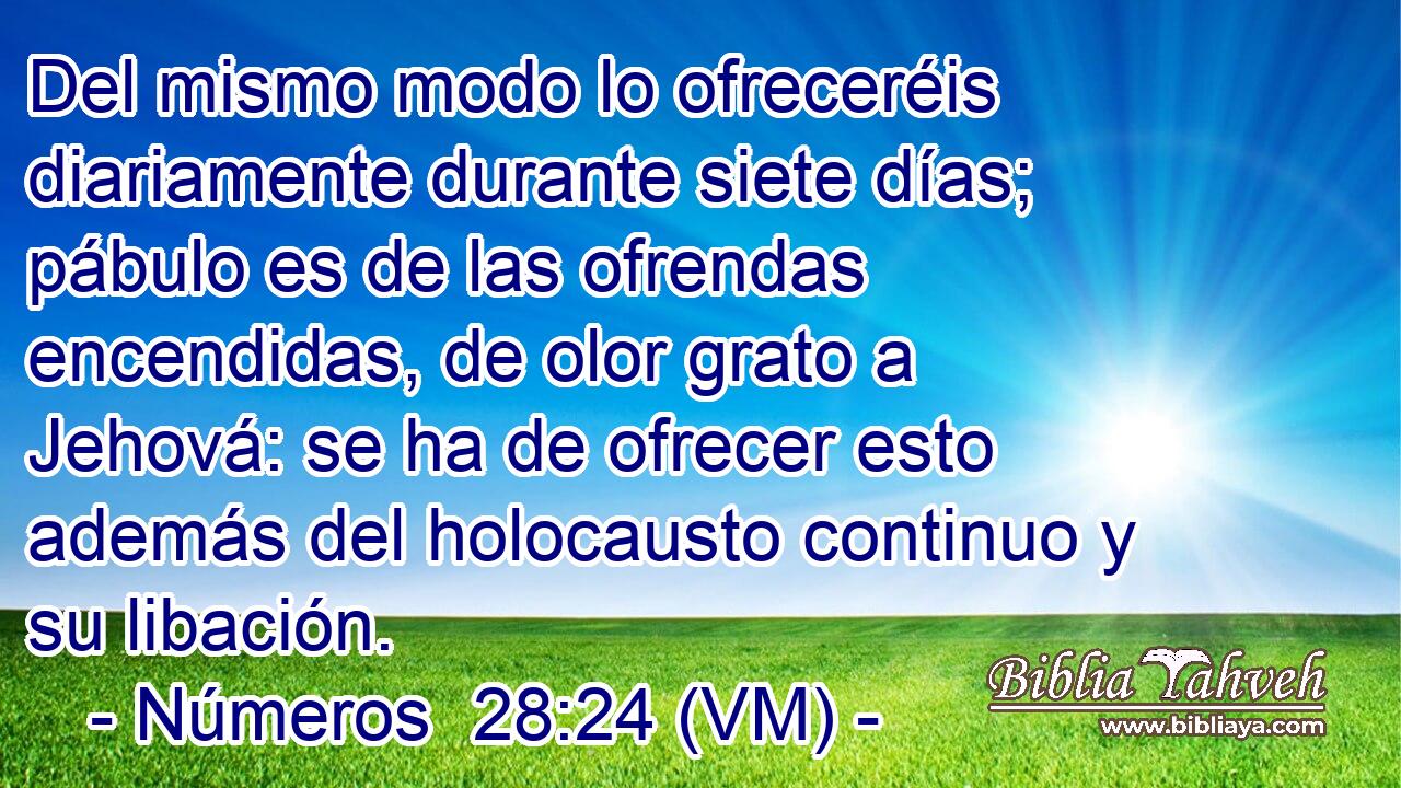  Del mismo modo lo ofreceréis diariamente durante siete días; pábulo es de las ofrendas encendidas, de olor grato a Jehová: se ha de ofrecer esto además del holocausto continuo y su libación. 