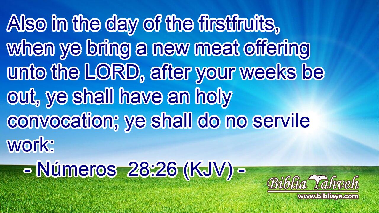 Also in the day of the firstfruits, when ye bring a new meat offering unto the LORD, after your weeks be out, ye shall have an holy convocation; ye shall do no servile work: