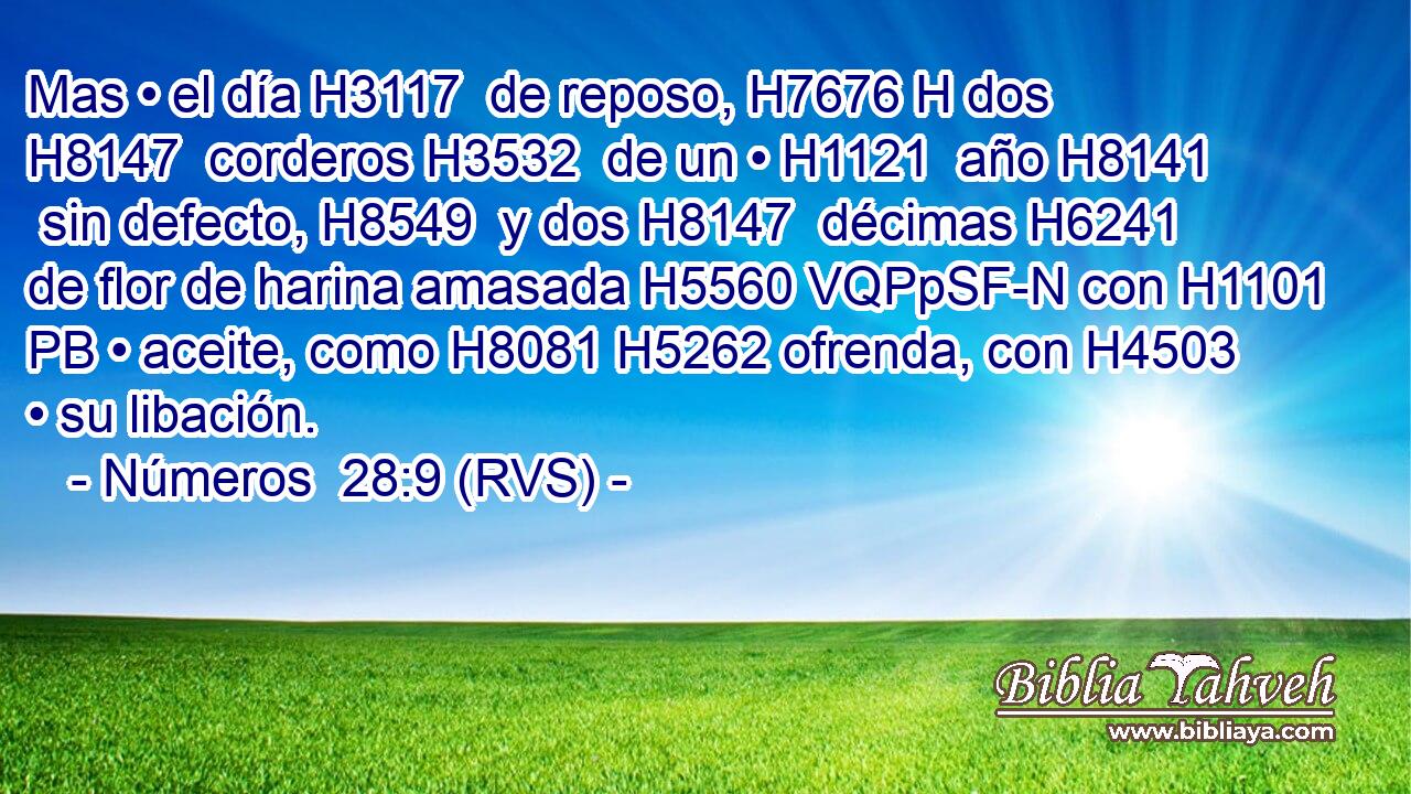 Mas • el día H3117  de reposo, H7676 H dos H8147  corderos H3532  de un • H1121  año H8141  sin defecto, H8549  y dos H8147  décimas H6241  de flor de harina amasada H5560 VQPpSF-N con H1101 PB • aceite, como H8081 H5262 ofrenda, con H4503 • su libación. 