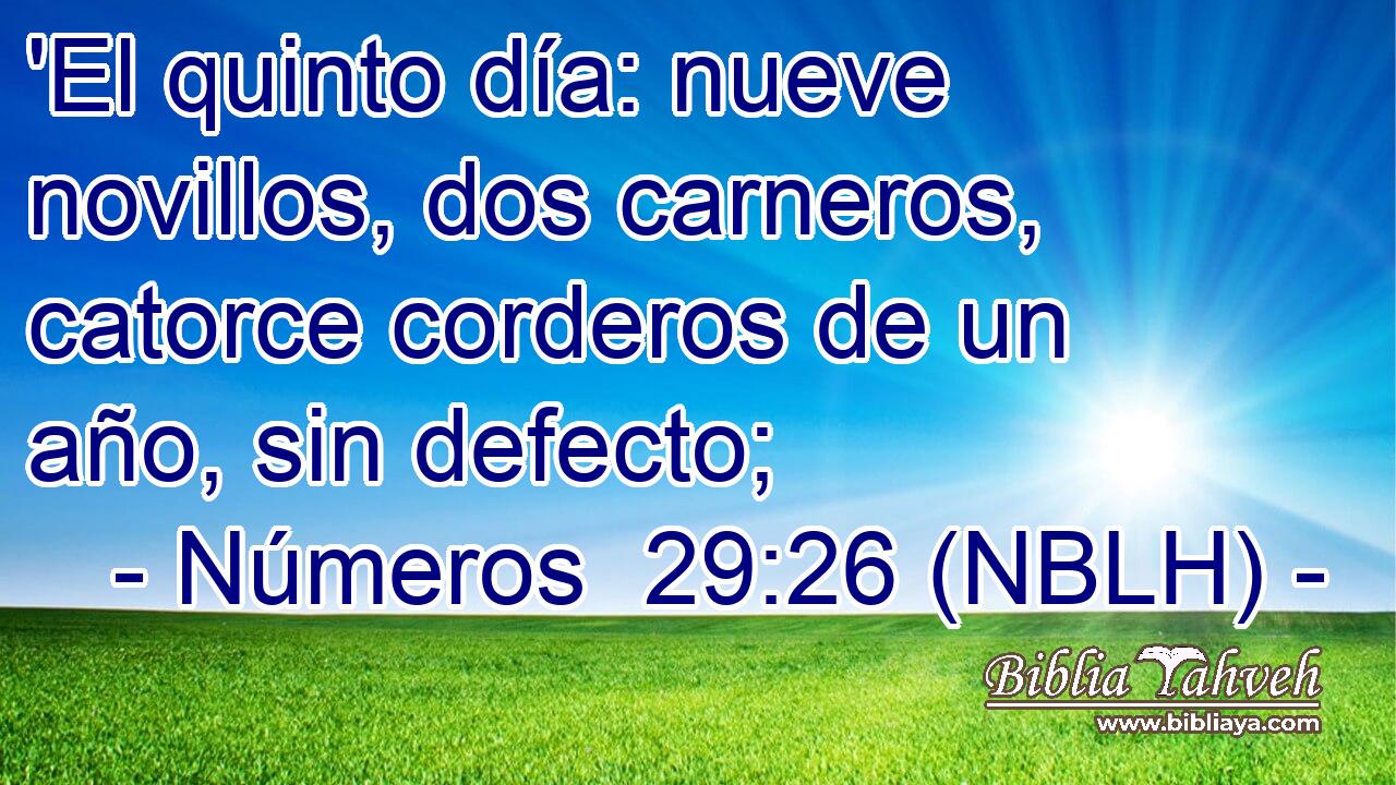  'El quinto día: nueve novillos, dos carneros, catorce corderos de un año, sin defecto; 