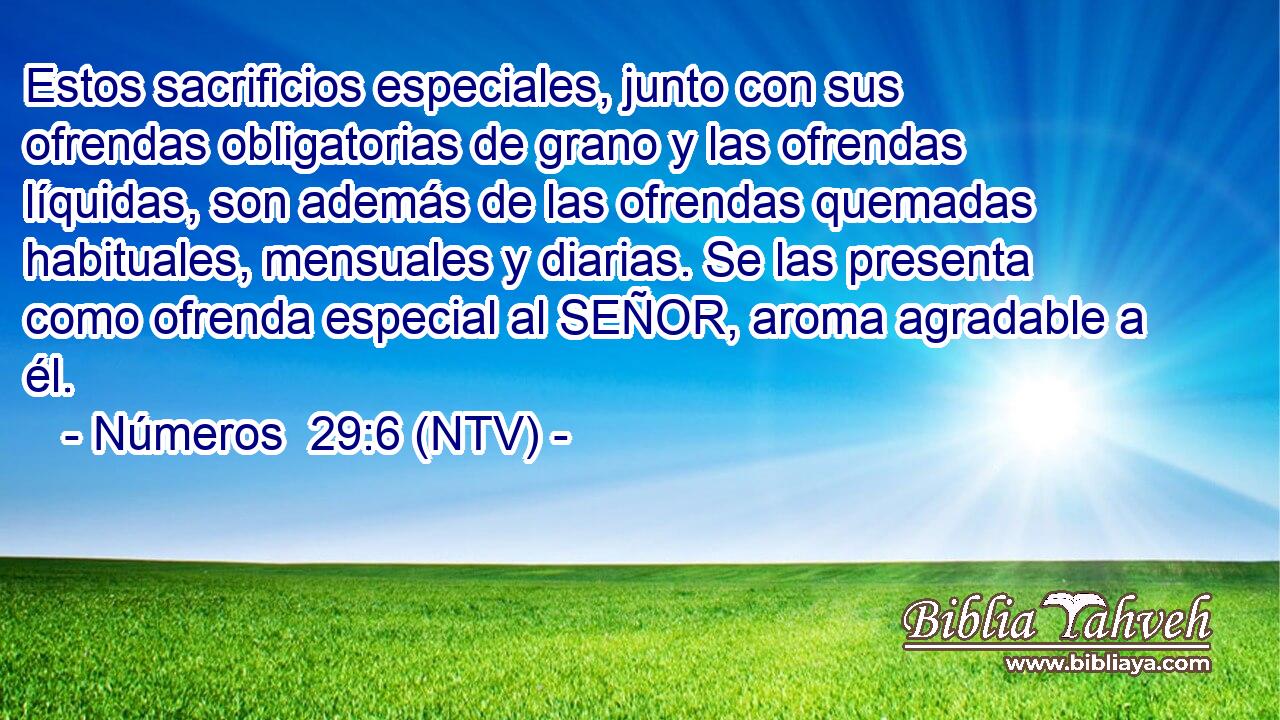 Estos sacrificios especiales, junto con sus ofrendas obligatorias de grano y las ofrendas líquidas, son además de las ofrendas quemadas habituales, mensuales y diarias. Se las presenta como ofrenda especial al SEÑOR, aroma agradable a él.