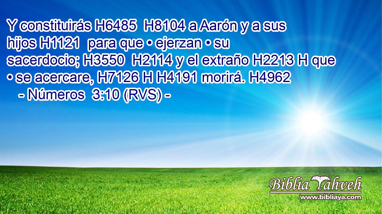 Y constituirás H6485  H8104 a Aarón y a sus hijos H1121  para que • ejerzan • su sacerdocio; H3550  H2114 y el extraño H2213 H que • se acercare, H7126 H H4191 morirá. H4962  