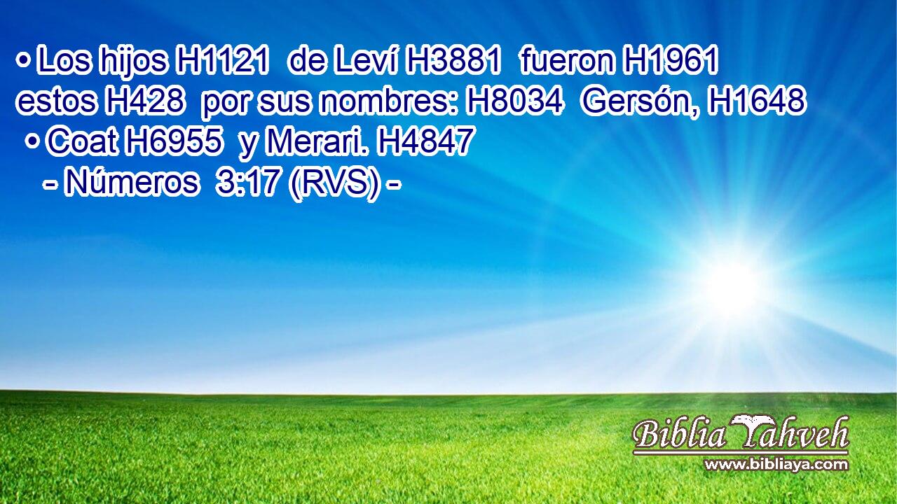 • Los hijos H1121  de Leví H3881  fueron H1961  estos H428  por sus nombres: H8034  Gersón, H1648  • Coat H6955  y Merari. H4847  
