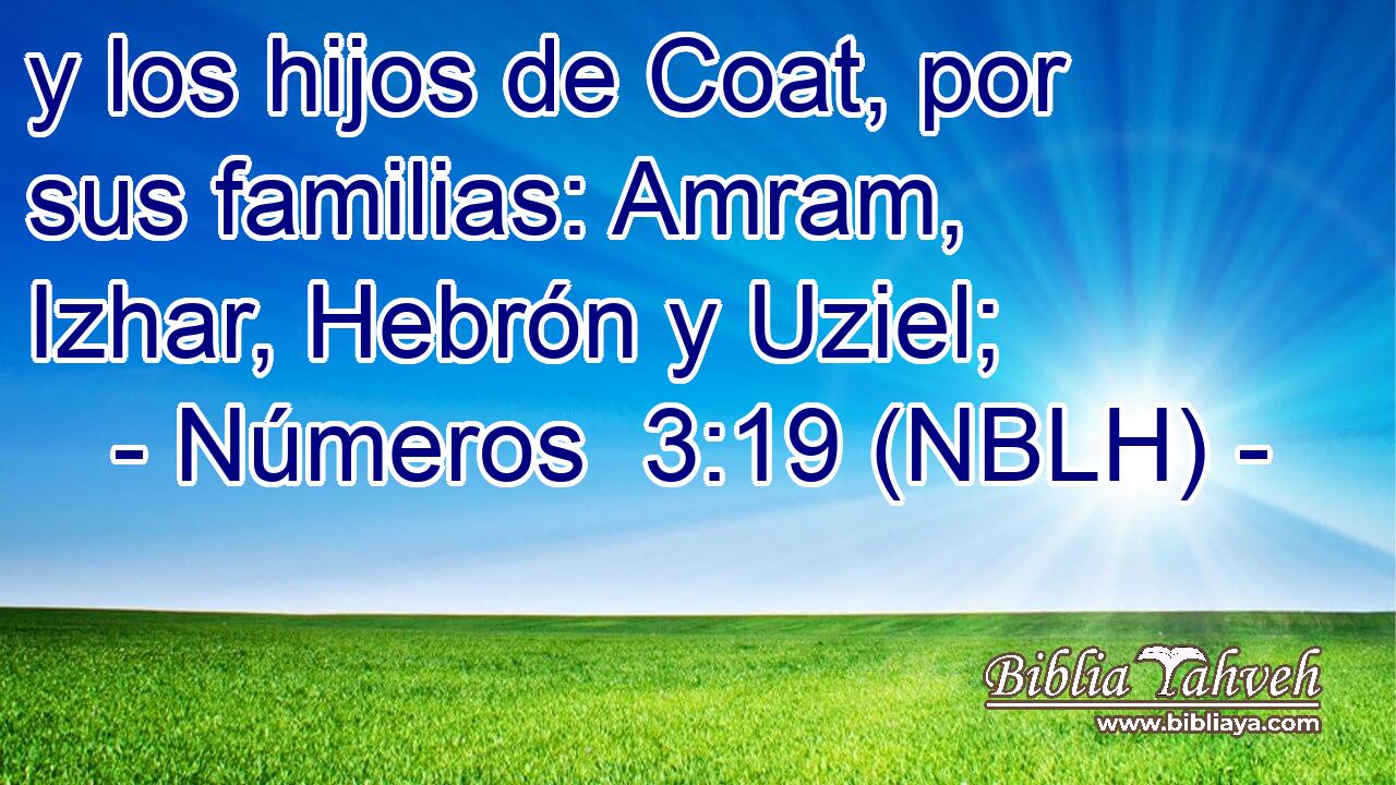  y los hijos de Coat, por sus familias: Amram, Izhar, Hebrón y Uziel; 