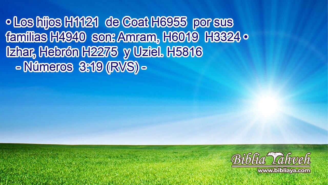 • Los hijos H1121  de Coat H6955  por sus familias H4940  son: Amram, H6019  H3324 • Izhar, Hebrón H2275  y Uziel. H5816  