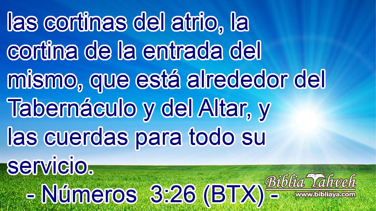 las cortinas del atrio, la cortina de la entrada del mismo, que está alrededor del Tabernáculo y del Altar, y las cuerdas para todo su servicio.