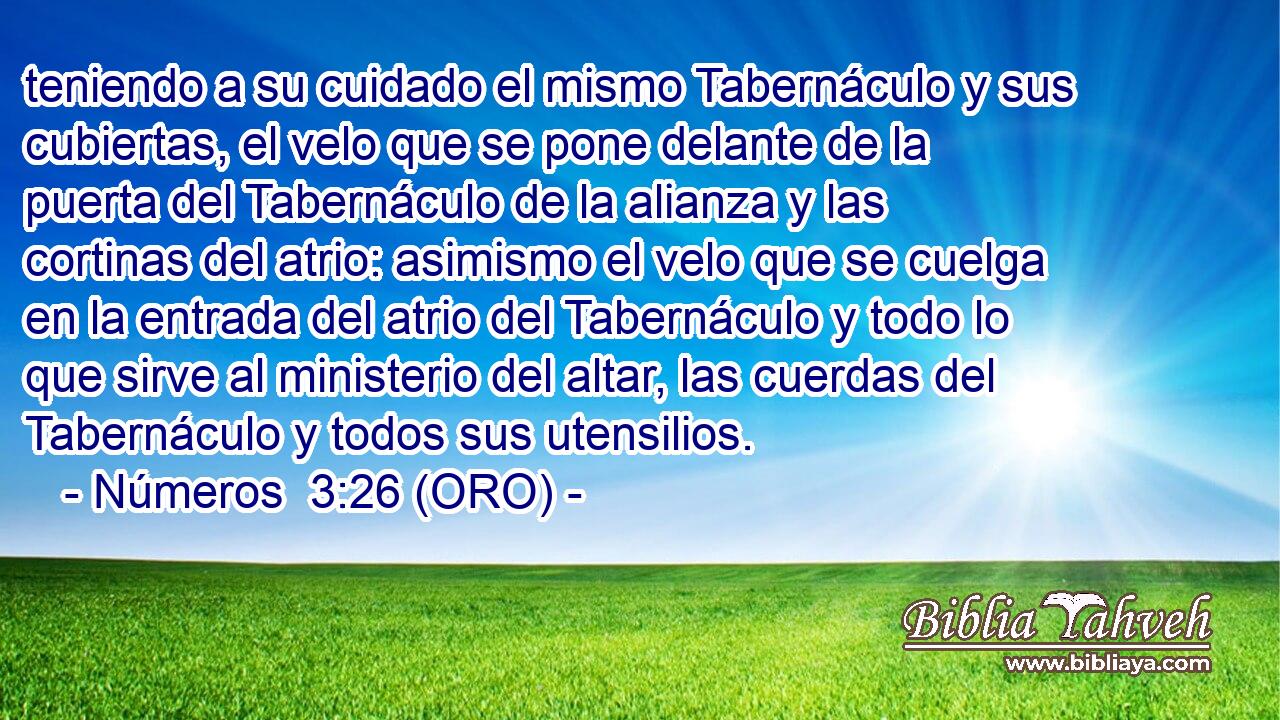  teniendo a su cuidado el mismo Tabernáculo y sus cubiertas, el velo que se pone delante de la puerta del Tabernáculo de la alianza y las cortinas del atrio: asimismo el velo que se cuelga en la entrada del atrio del Tabernáculo y todo lo que sirve al ministerio del altar, las cuerdas del Tabernáculo y todos sus utensilios. 