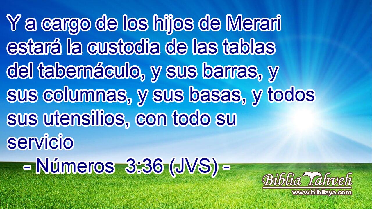 Y a cargo de los hijos de Merari estará la custodia de las tablas del tabernáculo, y sus barras, y sus columnas, y sus basas, y todos sus utensilios, con todo su servicio