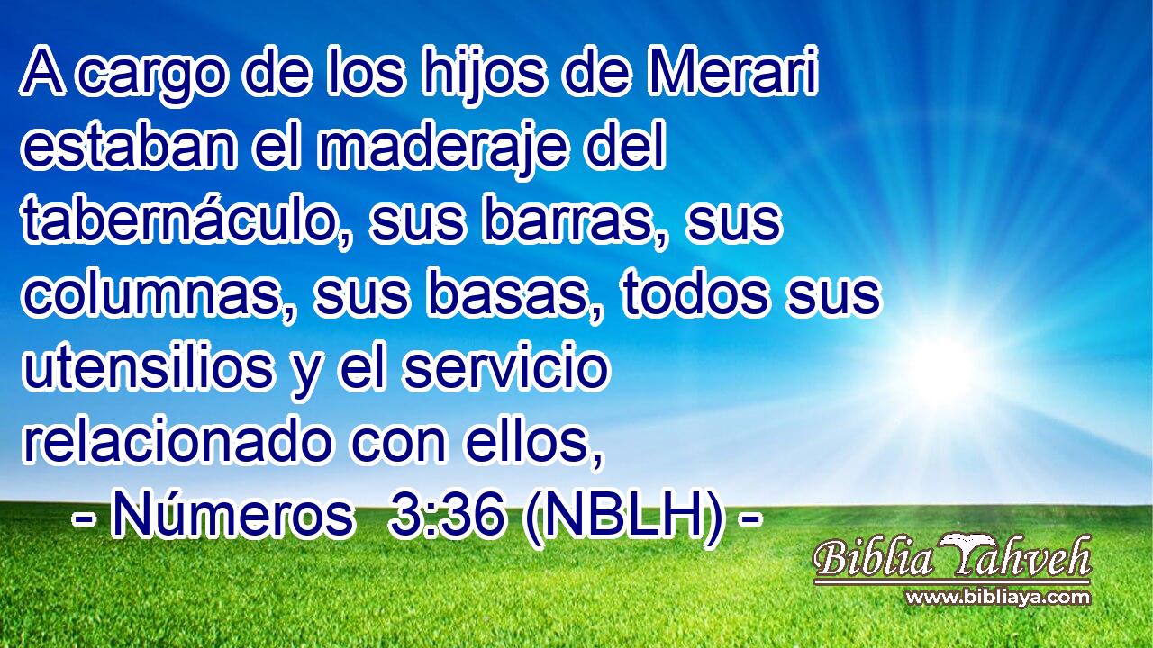  A cargo de los hijos de Merari estaban el maderaje del tabernáculo, sus barras, sus columnas, sus basas, todos sus utensilios y el servicio relacionado con ellos, 