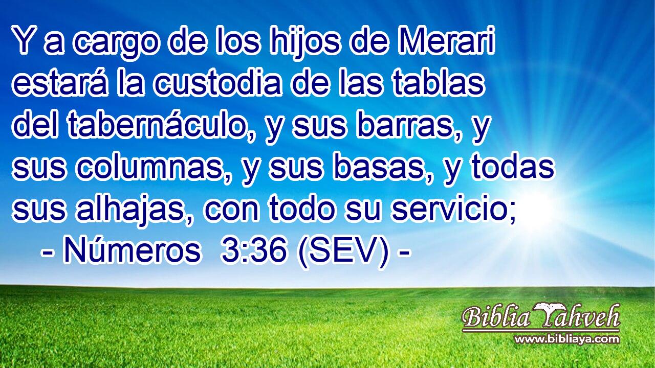 Y a cargo de los hijos de Merari estará la custodia de las tablas del tabernáculo, y sus barras, y sus columnas, y sus basas, y todas sus alhajas, con todo su servicio;