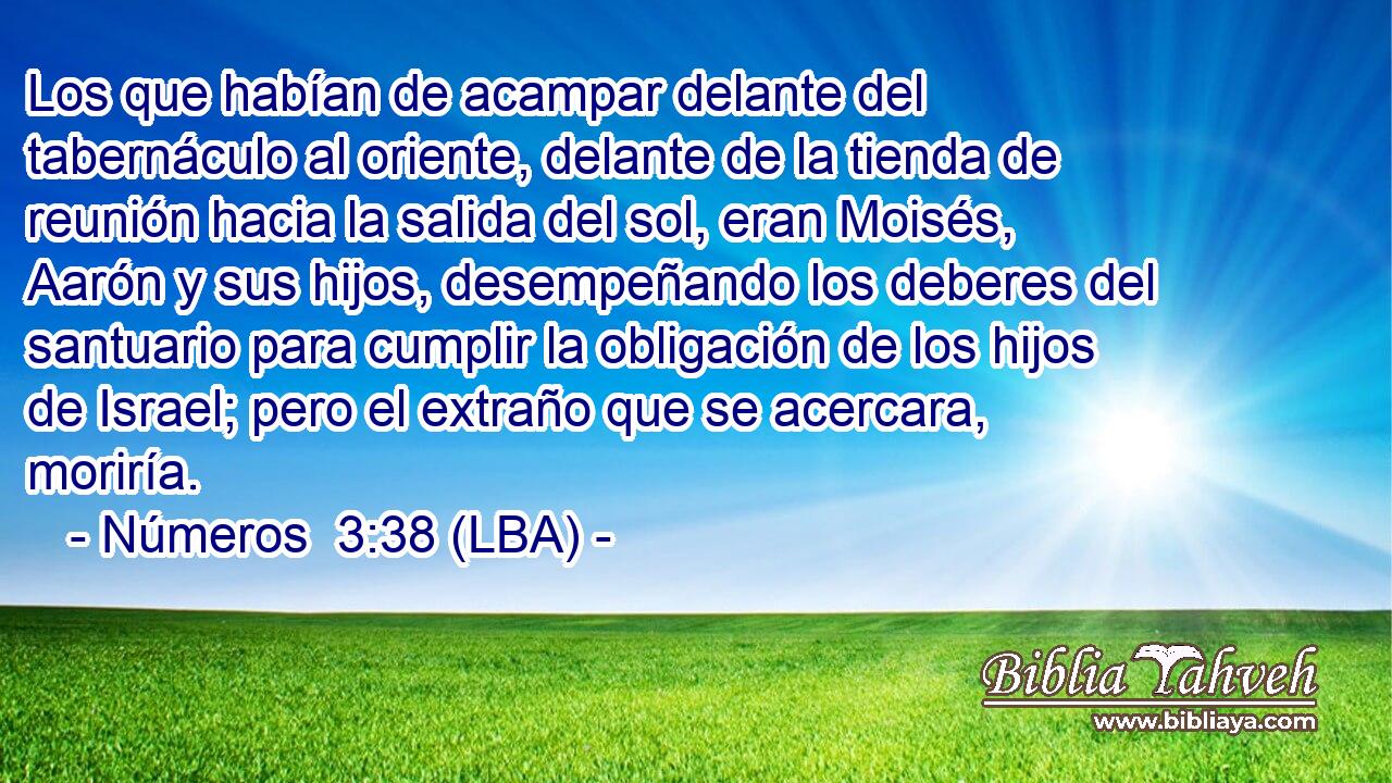 Los que habían de acampar delante del tabernáculo al oriente, delante de la tienda de reunión hacia la salida del sol, eran Moisés, Aarón y sus hijos, desempeñando los deberes del santuario para cumplir la obligación de los hijos de Israel; pero el extraño que se acercara, moriría.