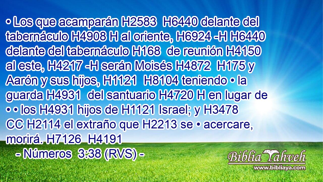 • Los que acamparán H2583  H6440 delante del tabernáculo H4908 H al oriente, H6924 -H H6440 delante del tabernáculo H168  de reunión H4150  al este, H4217 -H serán Moisés H4872  H175 y Aarón y sus hijos, H1121  H8104 teniendo • la guarda H4931  del santuario H4720 H en lugar de • • los H4931 hijos de H1121 Israel; y H3478 CC H2114 el extraño que H2213 se • acercare, morirá. H7126  H4191 