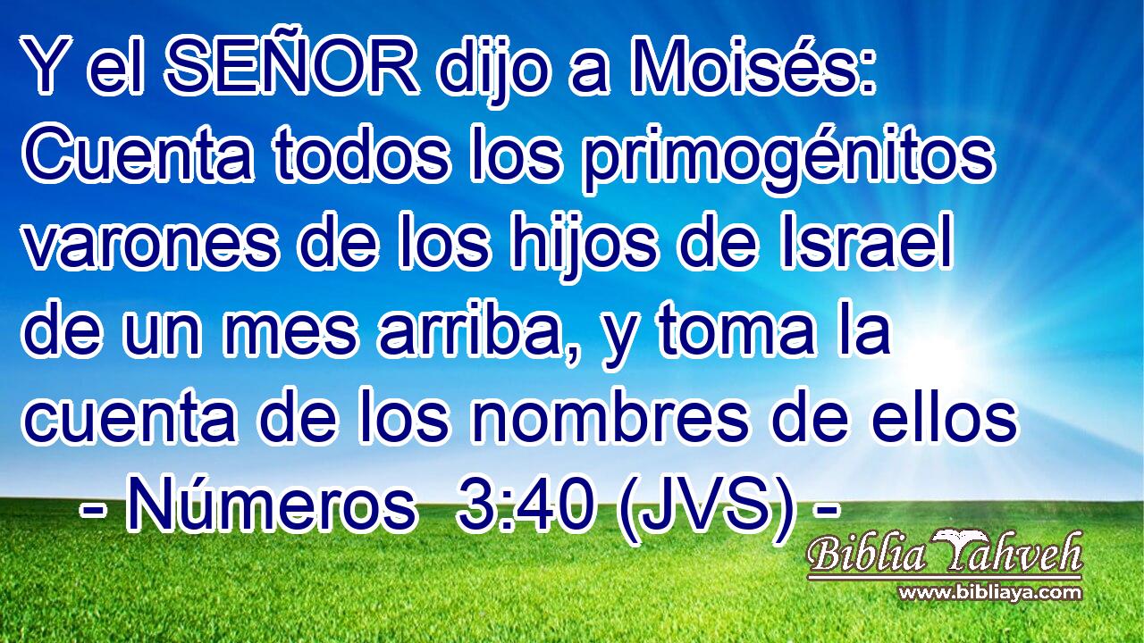 Y el SEÑOR dijo a Moisés: Cuenta todos los primogénitos varones de los hijos de Israel de un mes arriba, y toma la cuenta de los nombres de ellos