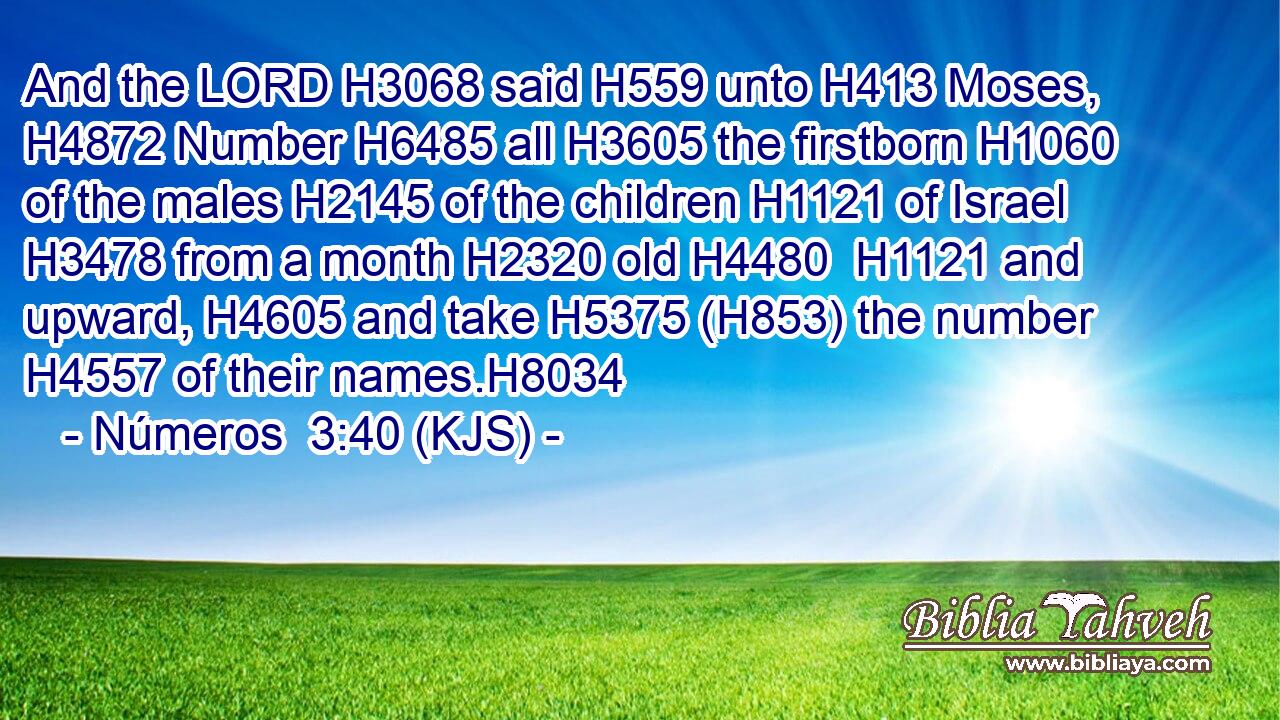 And the LORD H3068 said H559 unto H413 Moses, H4872 Number H6485 all H3605 the firstborn H1060 of the males H2145 of the children H1121 of Israel H3478 from a month H2320 old H4480  H1121 and upward, H4605 and take H5375 (H853) the number H4557 of their names.H8034