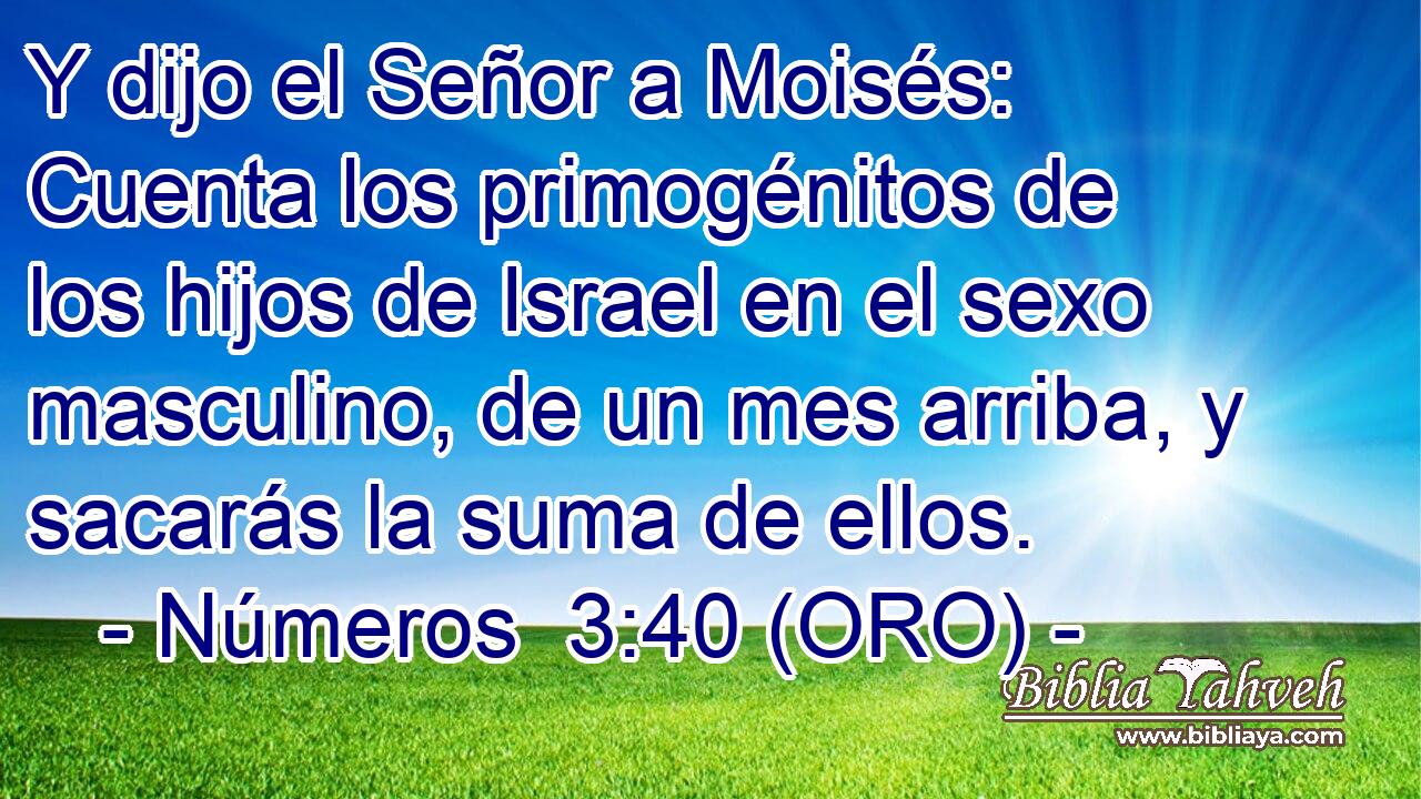  Y dijo el Señor a Moisés: Cuenta los primogénitos de los hijos de Israel en el sexo masculino, de un mes arriba, y sacarás la suma de ellos. 