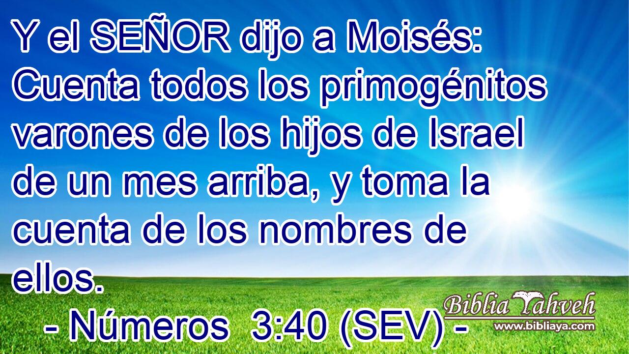 Y el SEÑOR dijo a Moisés: Cuenta todos los primogénitos varones de los hijos de Israel de un mes arriba, y toma la cuenta de los nombres de ellos.