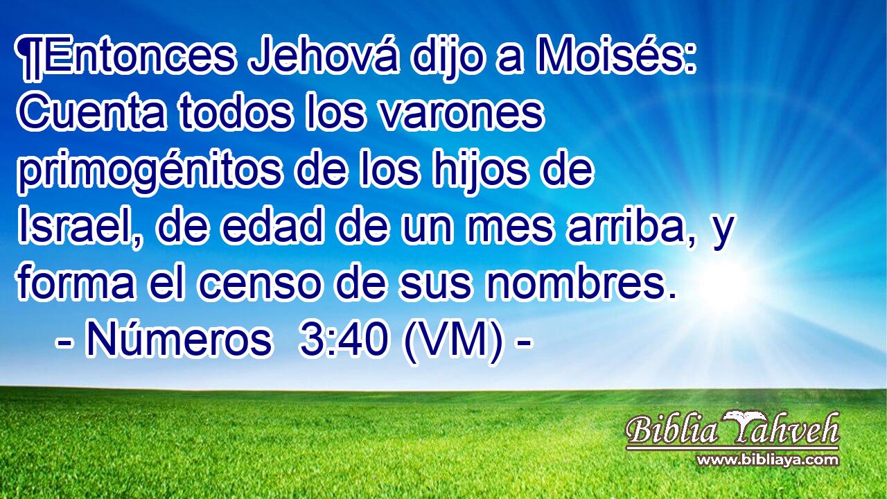  ¶Entonces Jehová dijo a Moisés: Cuenta todos los varones primogénitos de los hijos de Israel, de edad de un mes arriba, y forma el censo de sus nombres. 