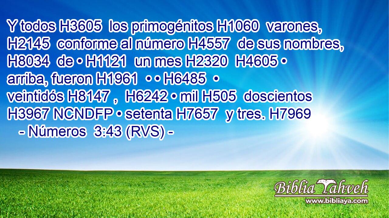 Y todos H3605  los primogénitos H1060  varones, H2145  conforme al número H4557  de sus nombres, H8034  de • H1121  un mes H2320  H4605 • arriba, fueron H1961  • • H6485  • veintidós H8147 ,  H6242 • mil H505  doscientos H3967 NCNDFP • setenta H7657  y tres. H7969  