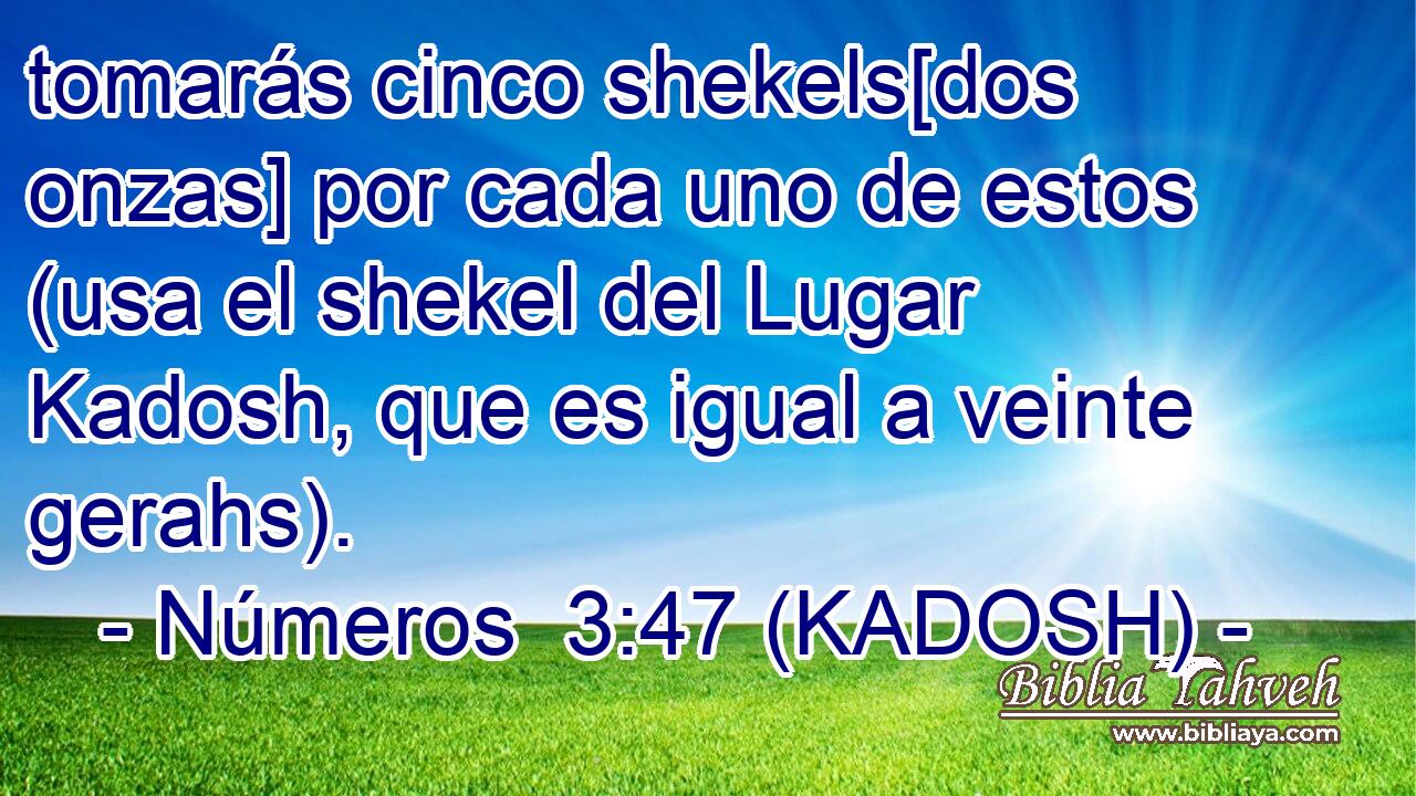  tomarás cinco shekels[dos onzas] por cada uno de estos (usa el shekel del Lugar Kadosh, que es igual a veinte gerahs). 