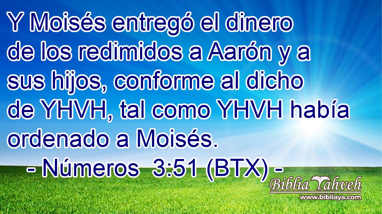 Y Moisés entregó el dinero de los redimidos a Aarón y a sus hijos, conforme al dicho de YHVH, tal como YHVH había ordenado a Moisés.