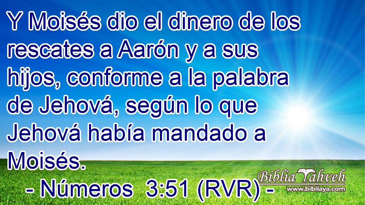 Y Moisés dio el dinero de los rescates a Aarón y a sus hijos, conforme a la palabra de Jehová, según lo que Jehová había mandado a Moisés.