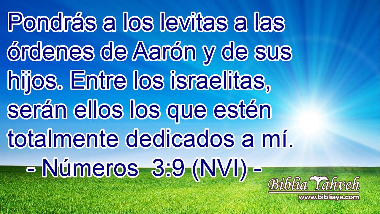  Pondrás a los levitas a las órdenes de Aarón y de sus hijos. Entre los israelitas, serán ellos los que estén totalmente dedicados a mí. 