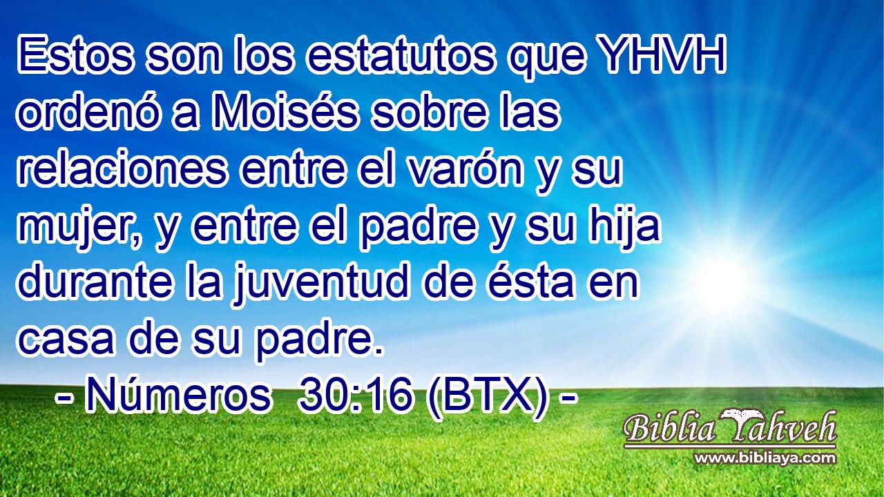 Estos son los estatutos que YHVH ordenó a Moisés sobre las relaciones entre el varón y su mujer, y entre el padre y su hija durante la juventud de ésta en casa de su padre.