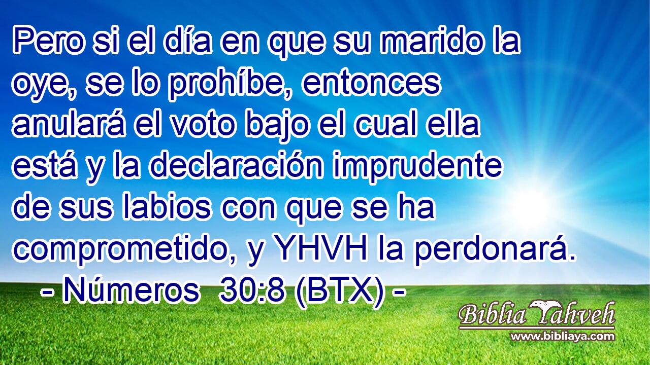 Pero si el día en que su marido la oye, se lo prohíbe, entonces anulará el voto bajo el cual ella está y la declaración imprudente de sus labios con que se ha comprometido, y YHVH la perdonará.