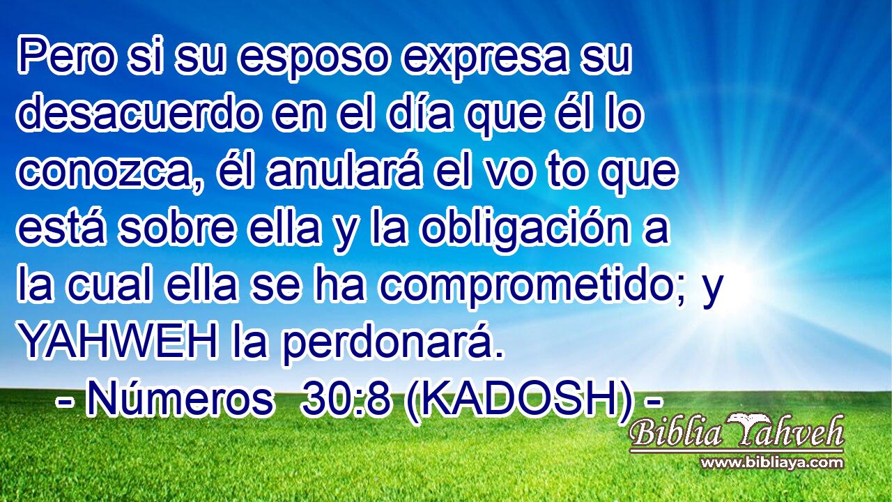  Pero si su esposo expresa su desacuerdo en el día que él lo conozca, él anulará el vo to que está sobre ella y la obligación a la cual ella se ha comprometido; y YAHWEH la perdonará. 