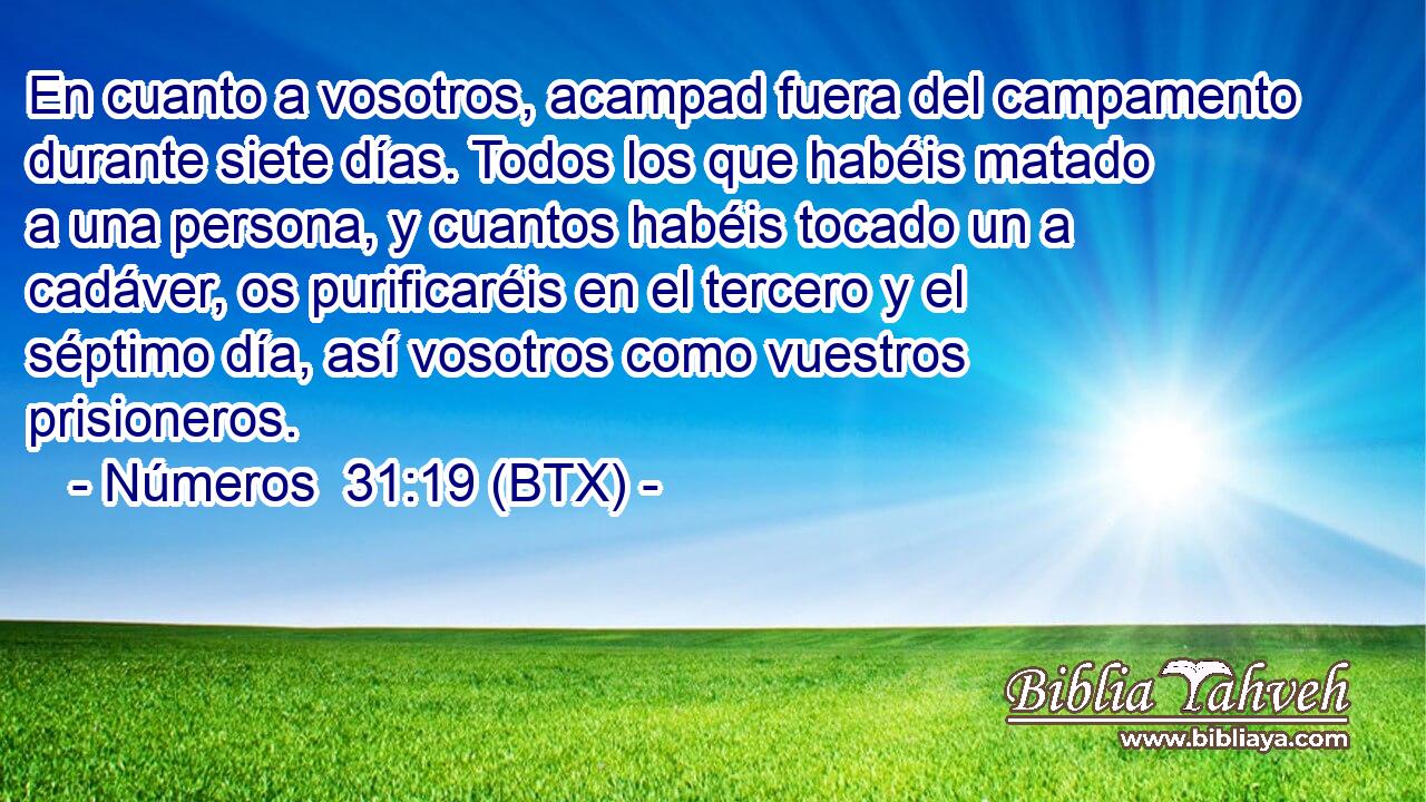 En cuanto a vosotros, acampad fuera del campamento durante siete días. Todos los que habéis matado a una persona, y cuantos habéis tocado un a cadáver, os purificaréis en el tercero y el séptimo día, así vosotros como vuestros prisioneros.
