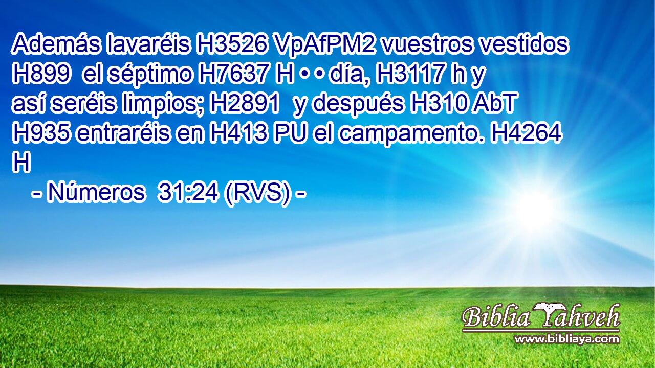 Además lavaréis H3526 VpAfPM2 vuestros vestidos H899  el séptimo H7637 H • • día, H3117 h y así seréis limpios; H2891  y después H310 AbT H935 entraréis en H413 PU el campamento. H4264 H 