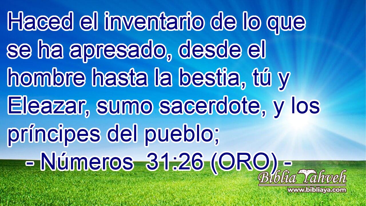  Haced el inventario de lo que se ha apresado, desde el hombre hasta la bestia, tú y Eleazar, sumo sacerdote, y los príncipes del pueblo; 
