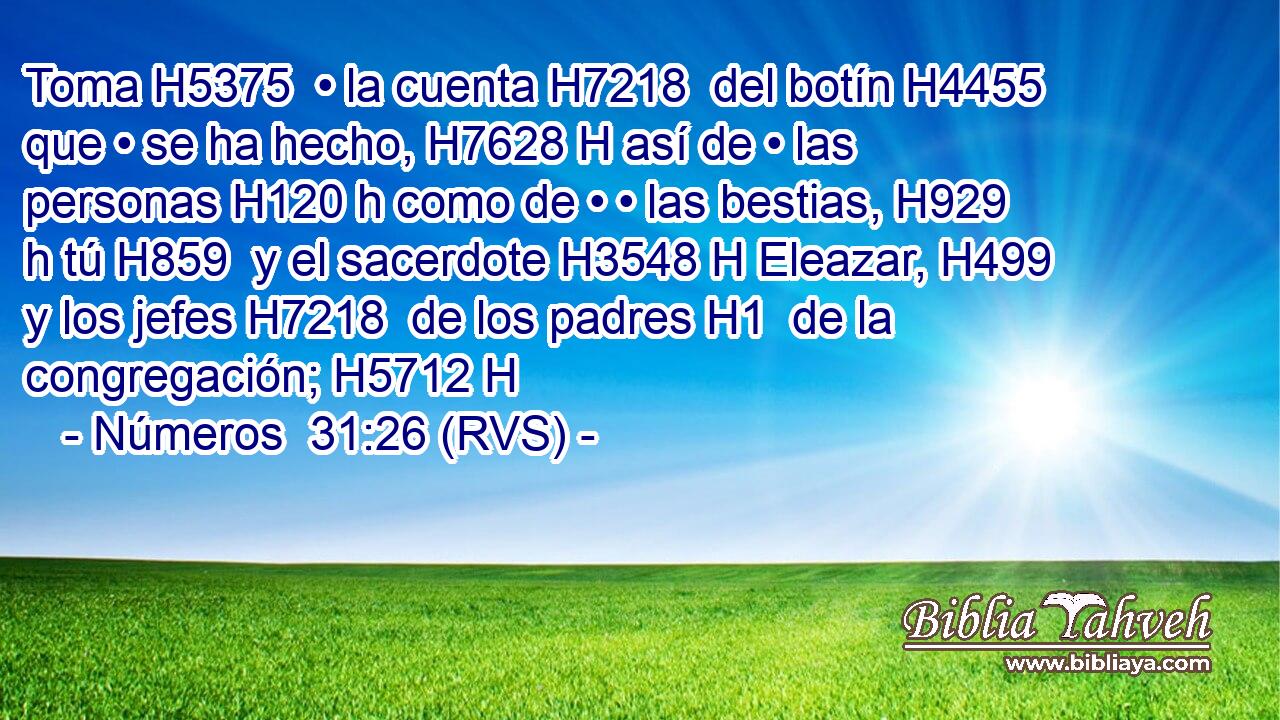 Toma H5375  • la cuenta H7218  del botín H4455  que • se ha hecho, H7628 H así de • las personas H120 h como de • • las bestias, H929 h tú H859  y el sacerdote H3548 H Eleazar, H499  y los jefes H7218  de los padres H1  de la congregación; H5712 H 