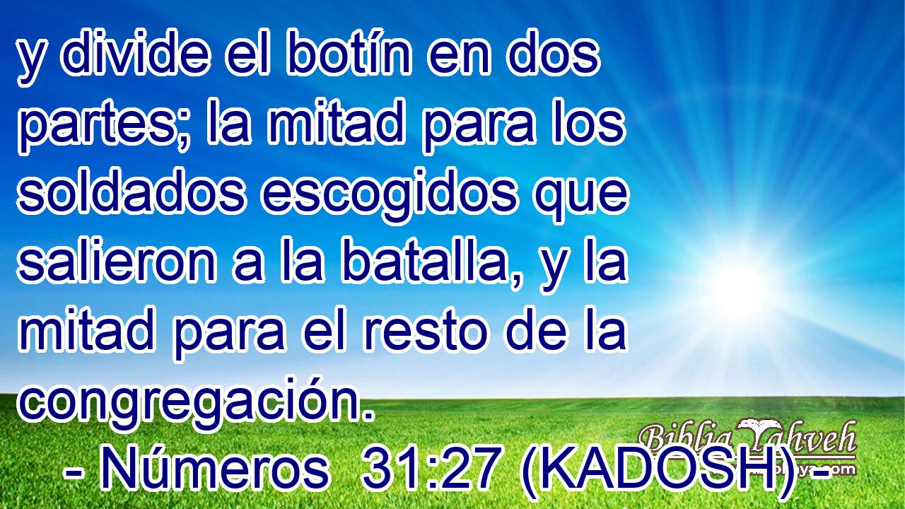 y divide el botín en dos partes; la mitad para los soldados escogidos que salieron a la batalla, y la mitad para el resto de la congregación. 