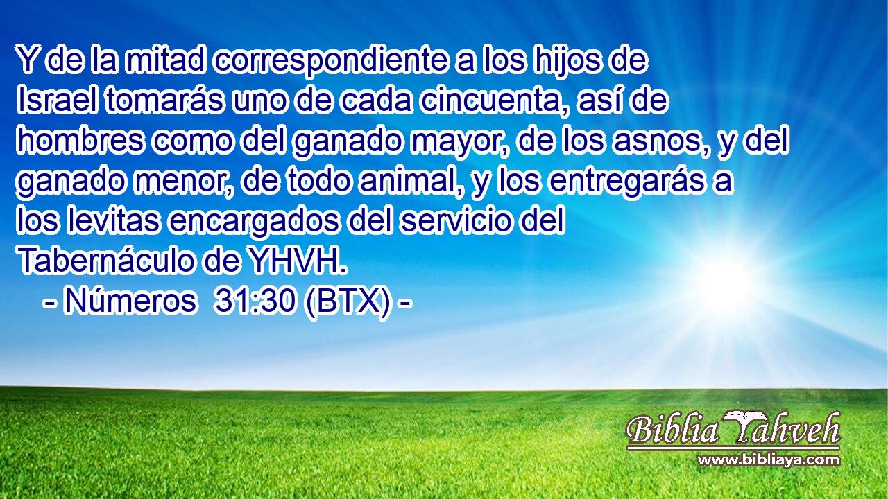 Y de la mitad correspondiente a los hijos de Israel tomarás uno de cada cincuenta, así de hombres como del ganado mayor, de los asnos, y del ganado menor, de todo animal, y los entregarás a los levitas encargados del servicio del Tabernáculo de YHVH.