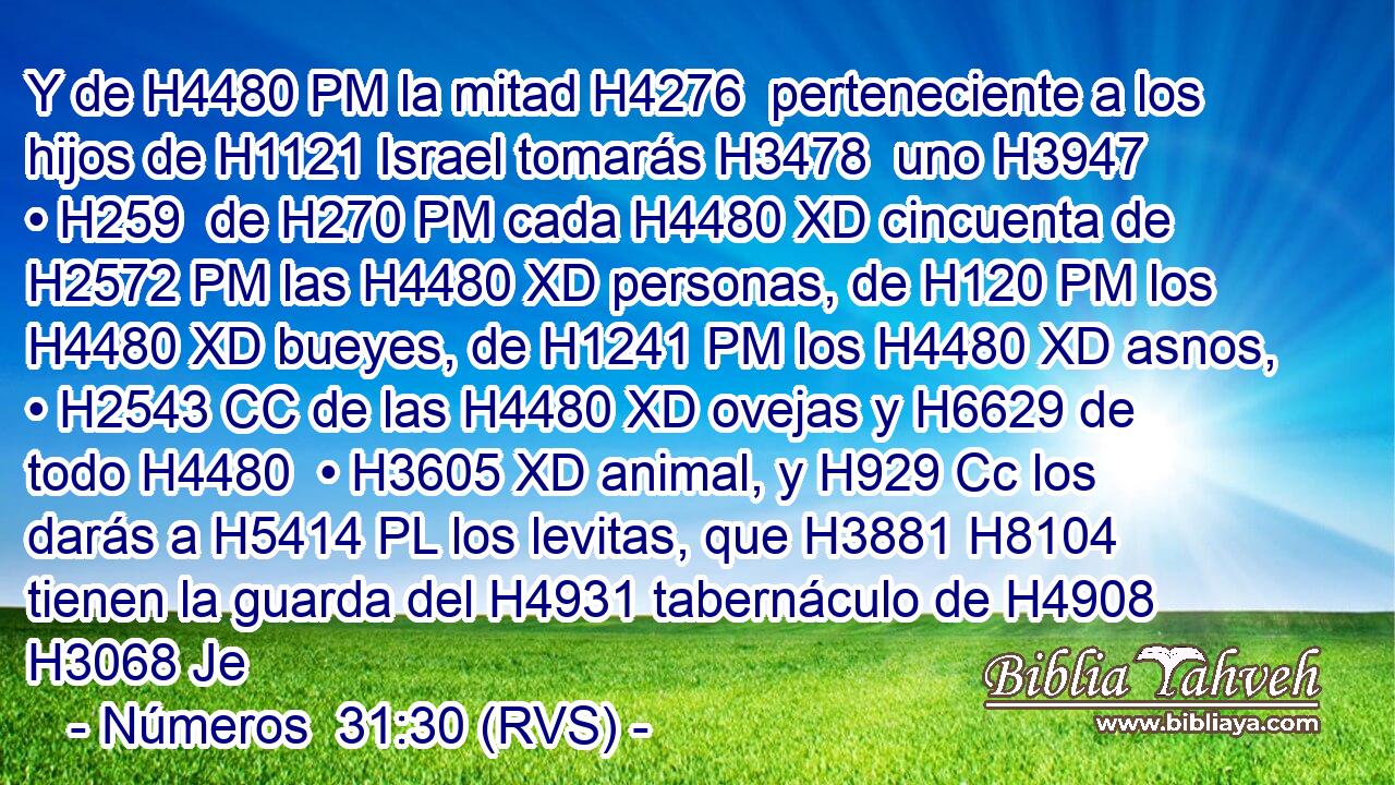 Y de H4480 PM la mitad H4276  perteneciente a los hijos de H1121 Israel tomarás H3478  uno H3947  • H259  de H270 PM cada H4480 XD cincuenta de H2572 PM las H4480 XD personas, de H120 PM los H4480 XD bueyes, de H1241 PM los H4480 XD asnos, • H2543 CC de las H4480 XD ovejas y H6629 de todo H4480  • H3605 XD animal, y H929 Cc los darás a H5414 PL los levitas, que H3881 H8104 tienen la guarda del H4931 tabernáculo de H4908 H3068 Je