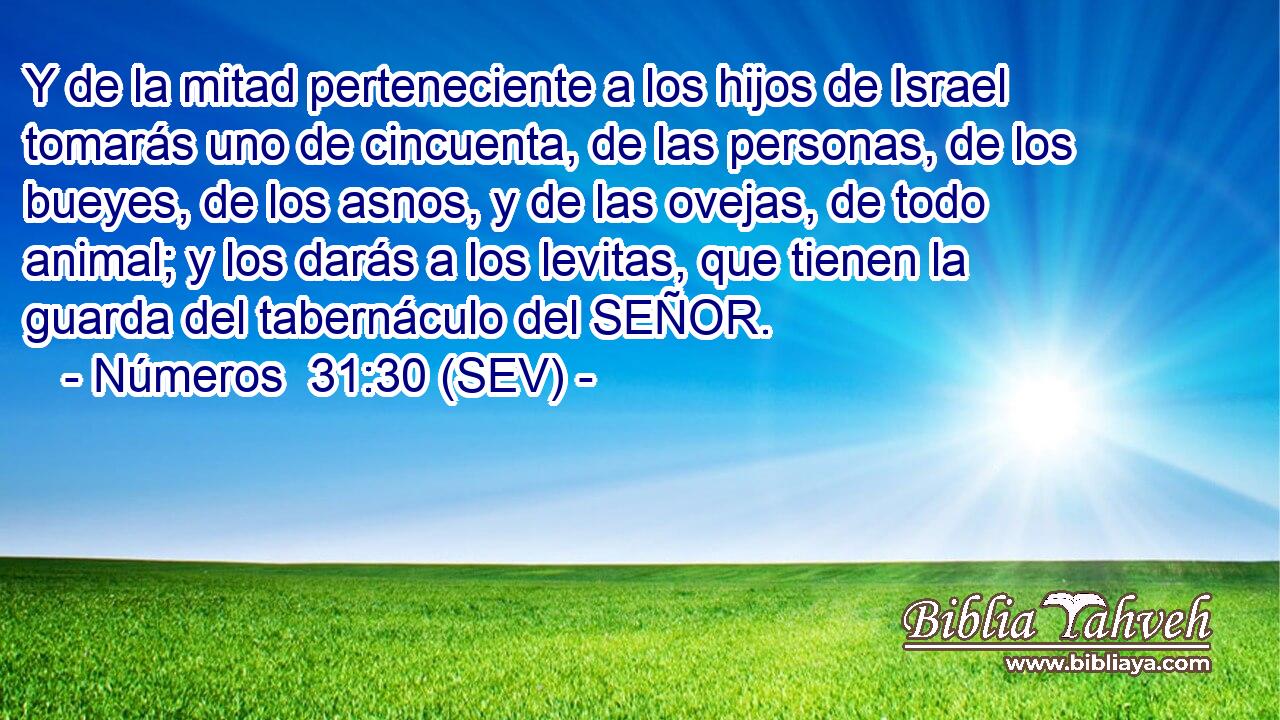 Y de la mitad perteneciente a los hijos de Israel tomarás uno de cincuenta, de las personas, de los bueyes, de los asnos, y de las ovejas, de todo animal; y los darás a los levitas, que tienen la guarda del tabernáculo del SEÑOR.
