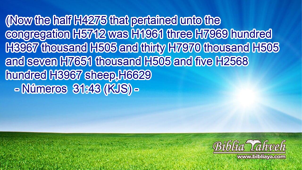 (Now the half H4275 that pertained unto the congregation H5712 was H1961 three H7969 hundred H3967 thousand H505 and thirty H7970 thousand H505 and seven H7651 thousand H505 and five H2568 hundred H3967 sheep,H6629